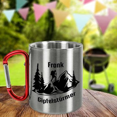 Кружка з нержавіючої сталі з карабіном, приблизно 330 мл, персоналізований подарунок &quotАльпініст на вершину&quot для альпіністів, любителів гір, чоловіків та жінок - металева кружка з назвою - для кемпінгу на природі - червона ручка, без кришки