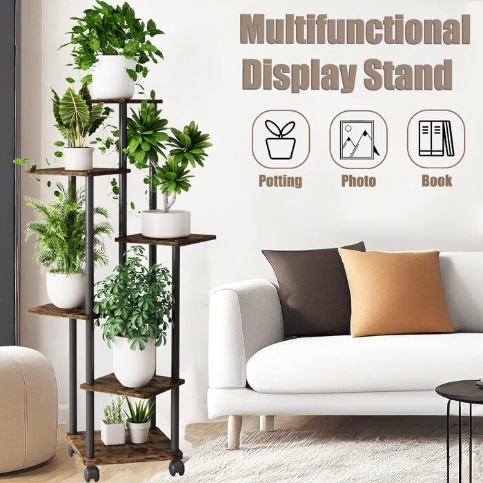 Ярусна підставка для рослин, вулична підставка для квітів, багатоярусна підставка для квітів 137 см, підставка для рослин, лавка для квітів, квіткові сходи, підставка для рослин, полиця для прикраси балкону, саду, 6 ярусів, чорний колір, 6-