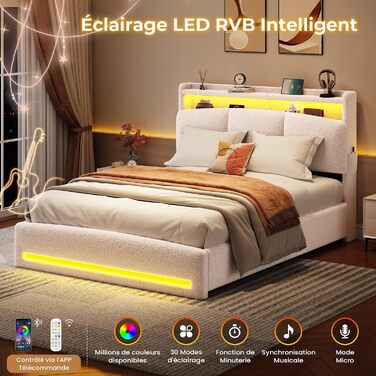 М&39яке ліжко 140x200 з розетками та світлодіодним освітленням, двоспальне ліжко з узголів&39ям для зберігання речей, ліжко 140x200 з гідравлічним металевим каркасом та дерев&39яною рейковою основою, букле, бежевий (без матраца) 140x200 см бежевий