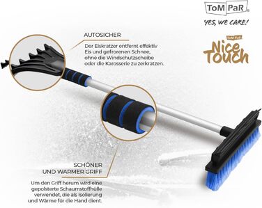 Щітка та ракель для скребка для льоду ToM PaR 3-в-1 Телескопічна ручка Приємний і теплий дотик Для видалення води, пари, льоду та снігу Гнучкі щетинки Автомобільні вікна та дзеркала 60-90см Синій