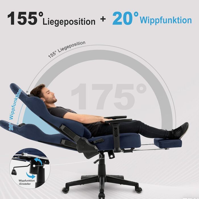 Ігрове крісло Symino з латексною подушкою сидіння, вантажопідйомність 300 кг, ергономічне комп&39ютерне крісло з поперековою опорою та підголівником з піни з ефектом пам&39яті, дихаюче офісне крісло зі штучної замші, темно-синє