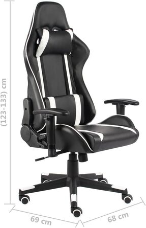 Ергономічне ігрове обертове крісло з високою спинкою та 2 подушками, регульоване по висоті офісне крісло з білого ПВХ, регульована спинка та коліщатка для комфорту, 68 x 69 x 123-133 см, білий колір