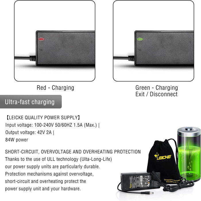 Зарядний пристрій LEICKE для електросамокатів та електровелосипедів 36 V / 42 V, 2 A, 84 W