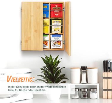 Чайна коробка Relaxdays, 9 відділень, бамбук, ВШХ 31 x 26,5 x 7 см, відділення для чайних пакетиків, кавових капсул, настінна, натуральний/срібний