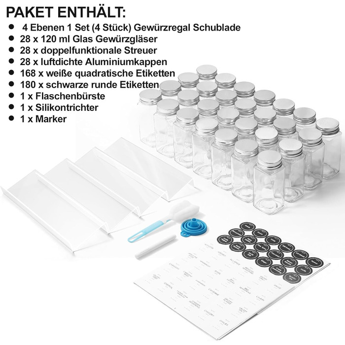 Органайзер для спецій з 28 баночками для спецій, 348 етикеток для спецій, 4-рівнева прозора акрилова вставка для шухляд для спецій для кухні, шафи, стільниці, набір з 28 предметів, прозорий