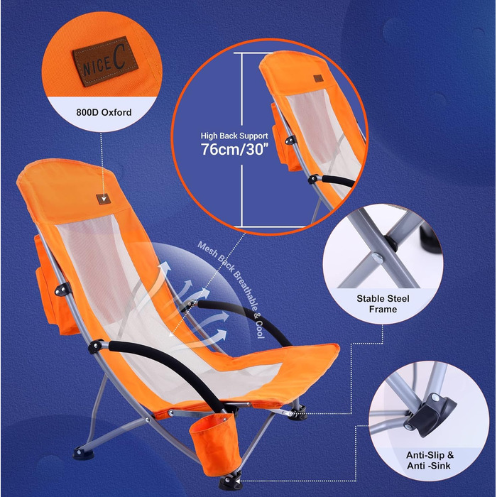 Складане пляжне крісло Nice C, легке, складні пляжні крісла, пляжні крісла, кемпінгове крісло, складне кемпінгове крісло, складне крісло з холодильником, компактне, висока спинка, підставка для склянок та сумка для перенесення (2 помаранчевих) помаранчеви