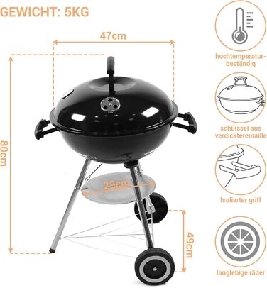 Портативний вугільний гриль з нержавіючої сталі для пікніка та кемпінгу. Малий гриль з кришкою, колесами та термометром. Розбірний гриль для саду, вечірок на відкритому повітрі. Розміри 47x49x80 см.