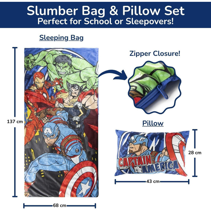 Спальний мішок та м&39яка подушка Jay Franco Marvel Avengers, 2 шт., дитячий м&39який спальний мішок для дому з ручкою для перенесення, ідеально підходить для шкільних екскурсій та ночівлі, синій Avengers