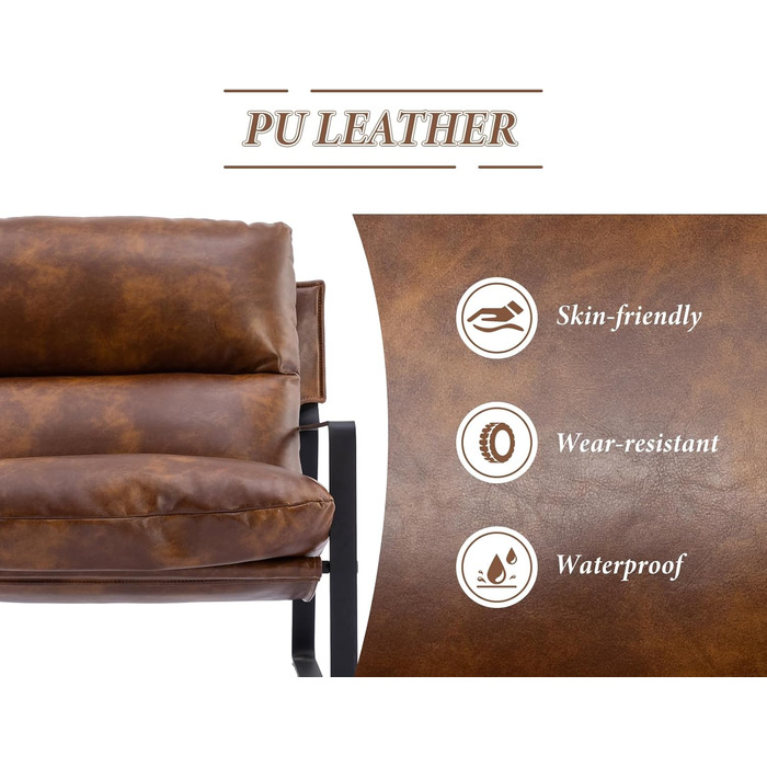 Крісло для вітальні, крісло для читання з підлокітниками, сучасне крісло для відпочинку з металевим каркасом, штучна шкіра, коричневий колір