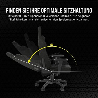 Ігрове крісло Corsair TC100 Relaxed Тканина Дизайн у стилі гонок Поперекова підтримка Знімна подушка для шиї з піни з ефектом пам&39яті Регульовані підлокітники Чорний колір, легована сталь, чорний колір