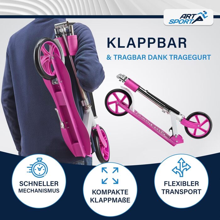 Самокат з великими колесами та ременем для перенесення - для дітей від 3 років - 4 дизайни 88 x 27 x 106 см рожевий