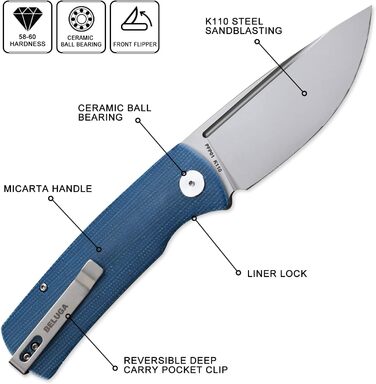Скам'яніла риба PFP01 Складаний ніж Beluga, 3.62 сталеве лезо K110, рукоятка G10, з підшипником, кишеньковий ніж EDC (синій піскос