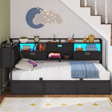 Диван-ліжко зі світлодіодним освітленням та зарядною станцією (2 розетки змінного струму 2 USB-порти), дитяче ліжко 90x200 см з 6 шухлядами, кушетка 90x200 см, м&39яка спинка з прихованим місцем для зберігання речей