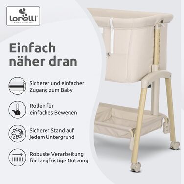 Дитяче ліжечко Lorelli Baby Millie, колиска зі складною бічною панеллю, регульоване по висоті дитяче ліжечко з матрацом, складне приліжкове ліжечко, бежевий колір