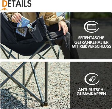 Крісло для кемпінгу Portal, складне, суперм&39яке, вантажопідйомність 150 кг, складне рибальське крісло XXL, товсто оббите з підлокітниками, м&39яке вуличне крісло, чорне