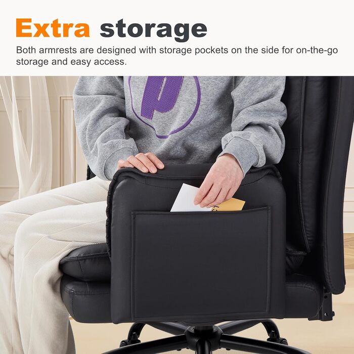 Офісне крісло IWMH, ергономічне робоче крісло зі штучної шкіри, потовщені подушки, крісло для керівника з широким сидінням та колесами, поворотне крісло з можливістю відкидання на 90-135, туалетне крісло, регульована висота з підлокітниками (чорне)