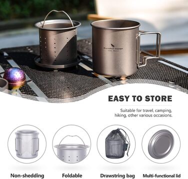 Титанова кружка Boundless Voyage 420 мл з чайним інфузером та кришкою, чашка для кемпінгу на відкритому повітрі з фільтром, легка одношарова кавова кружка зі складною ручкою, портативна, для походів, подорожей, пікніка, посуд для напоїв Ti3054D