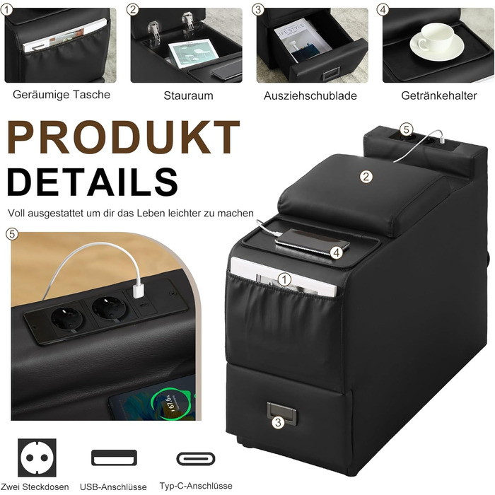 Електрично регульоване крісло-реклайнер з функцією відкидання спинки, крісло для телевізора зі штучної шкіри з масажем та підігрівом, сучасне кінокрісло зі світлодіодним підсвічуванням/USB, до 150 кг (чорне, 1 крісло-реклайнер з консоллю) Чорне 1 крісло-р