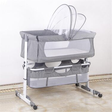 Дитяче ліжечко homewell Baby Bed Crib, дитяче ліжко та колиска 2 в 1, пружинне ліжко Baby Box, дитяче ліжко з колесами, москітна сітка, сумка для зберігання та матрац, регульована висота (модель 1 сірого кольору)