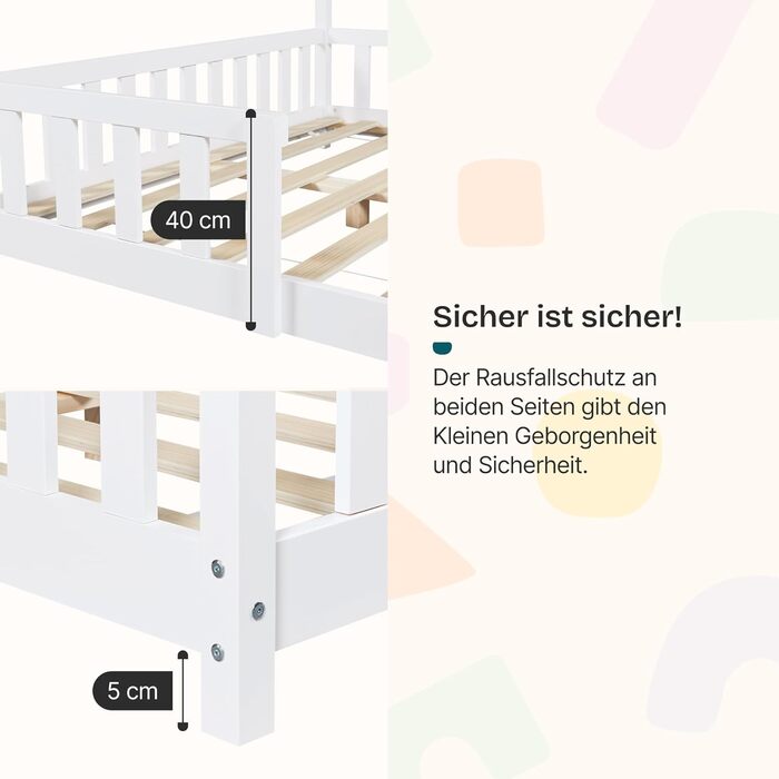 Ліжко Sisimiut Montessori House 80 x 160 см із захистом від падіння, дерев&39яне дитяче ліжко, підлогове ліжко, рейкова основа, сосна, матово-білий колір, 80 x 160 см, матрац не входить до комплекту