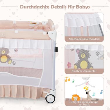 Дитяче ліжечко DREAMADE 5-в-1 для подорожей з матрацом та балдахіном, складне дитяче ліжечко на колесах, пеленальний столик та манеж, приліжкове ліжечко з музичною скринькою та підвісними іграшками, для новонароджених 0-36 місяців (рожеве)