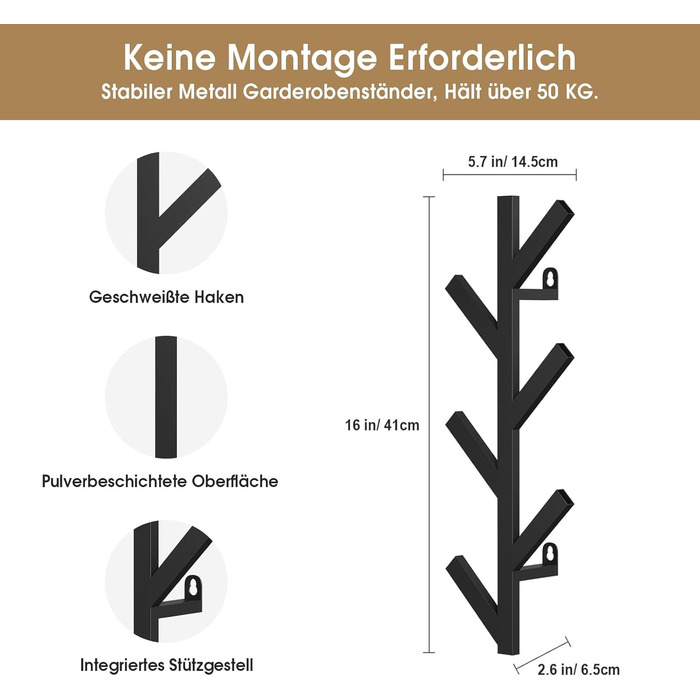 Вішалка LOFTPLUS настінна металева вішалка настінна - 41см Вертикальна вішалка з 6 гачками, гачки для вішання курток, пальто, шапо