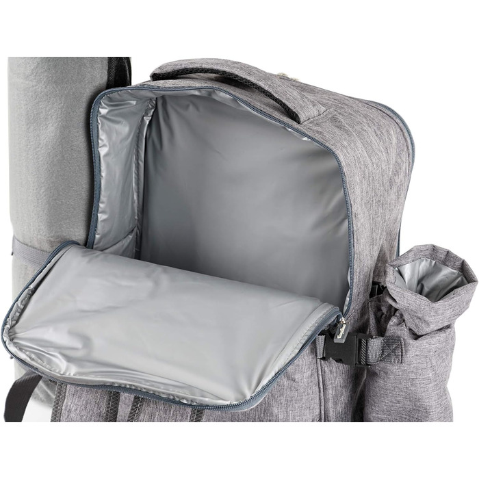 Рюкзак для пікніка CampFeuer для 4 осіб Сірий Набір для пікніка з 32 предметів Включає тримач для пляшок та флісову ковдру, велике відділення-холодильник, посуд та столові прибори Рюкзак для походів, рюкзак для кемпінгу