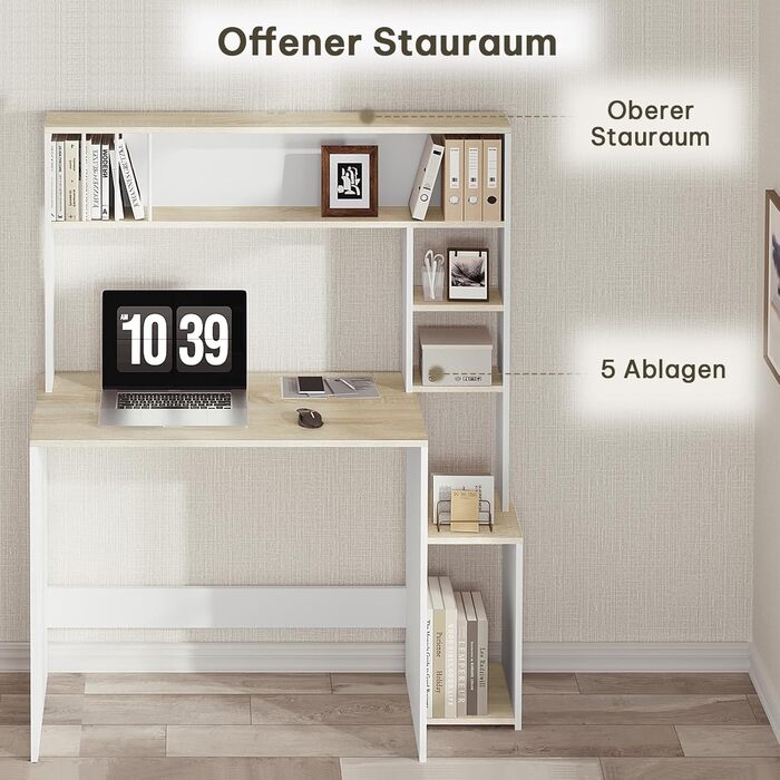 Письмовий стіл eSituro, комп&39ютерний стіл з 5 полицями, офісний стіл під біле дерево, ігровий стіл з місцем для зберігання, ПК-стіл для домашнього офісу, офісу, вітальні, 113,5x139x45 см білий дуб