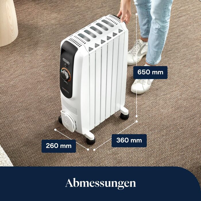 Масляний обігрівач De'Longhi Dragon EasyTronic (TRD50615) для приміщень до 45 м, електрообігрів з термостатом безпеки, 6 секцій, 12 рівнів температури, портативний, 1500 Вт, білий