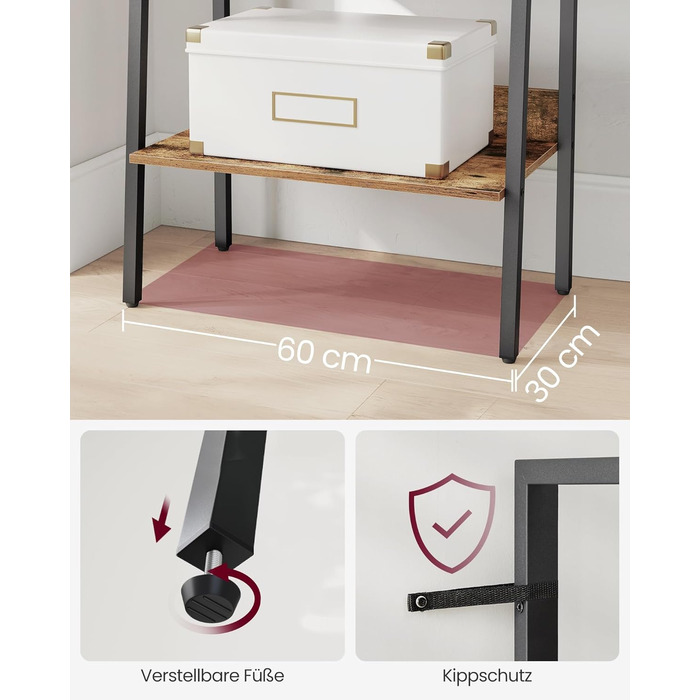 Книжкова полиця VASAGLE, полиця-драбина, 5 ярусів, вузька полиця, відкрита окремостояча полиця для кабінету, вітальні, спальні, кухні, промисловий дизайн, вінтажний коричнево-чорний LLS067B01 Вінтажний коричневий чорний 5 полиць (60Ш x 170В см)