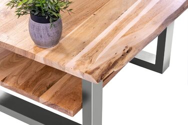 Журнальний столик SAM B-класу 115x65 см Philipp, диванний столик з полицею, масив акації натуральний колір лакований, журнальний столик зі справжнім живим краєм, U-подібна рама срібляста 115 x 65 см натуральний колір / сріблястий