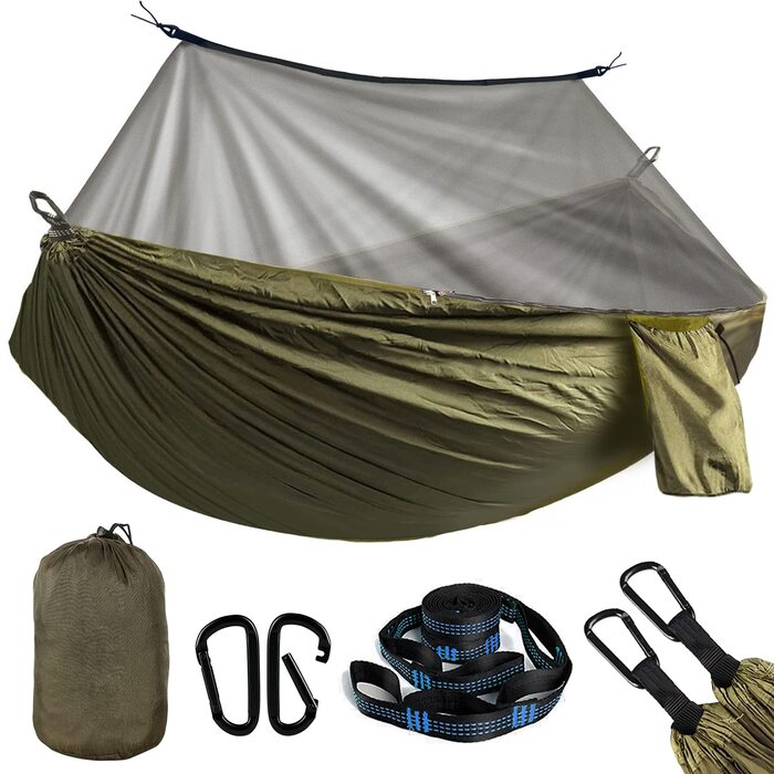 Гамак з москітною сіткою та брезентом, вуличний гамак вантажопідйомністю 300 кг, підвісний гамак для кемпінгу, москітна сітка, дорожні ремені для гамака, кріплення, мішок для бівуака, аксесуари, надлегкий набір 275140 см