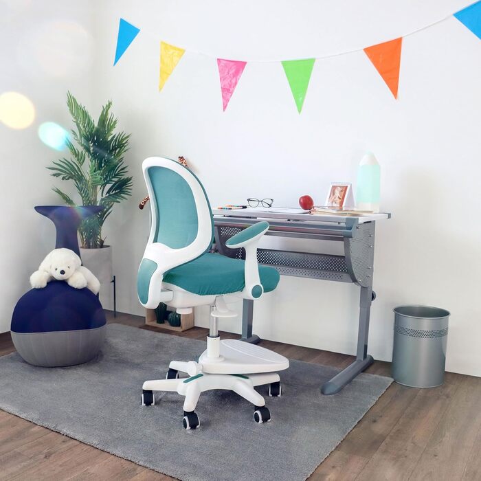 Дитячий стілець Kid Ergo з тканини/сітки з підставкою для ніг, складні підлокітники, синій/білий 101.0 x 56.0 x 52.0 синій, 736413