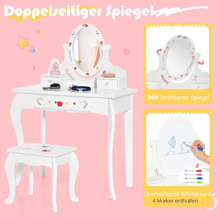 В 1 макіяжний столик зі стільчиком, дитячий макіяжний столик з обертовим та знімним дзеркалом, міцний письмовий стіл з 3 шухлядами