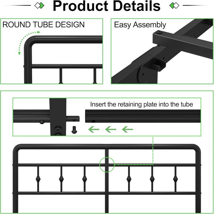 Каркас ліжка EMODA 180 x 200 см, металеве двоспальне ліжко з узголів&39ям та ізножиям у вікторіанському стилі, висотою 36 см зі сталевою рейковою основою, безшумне, легке складання, чорний колір 180 x 200 см Чорний