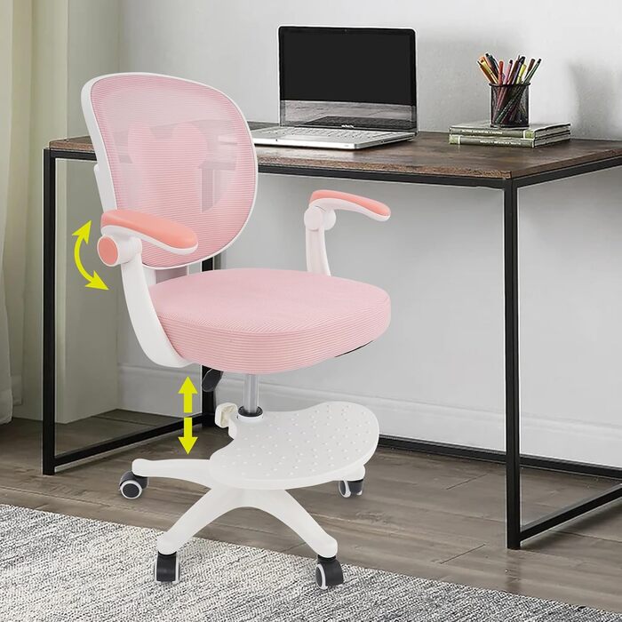 Дитячий офісний стілець для дітей віком від 6 років, регульований по висоті обертовий стілець, ергономічний офісний стілець з підлокітниками, спинкою та колесами, стілець для хлопчиків та дівчаток (рожевий)