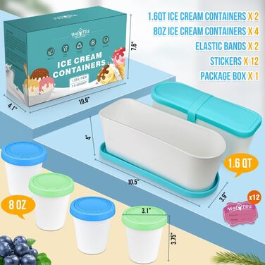 Контейнери для морозива Walfos 1,5 л і 8 226 г, набір, бонусні ущільнювальні стрічки зберігають силіконові кришки герметичними, багаторазові контейнери для морозива, штабельовані контейнери для морозильника - синій (набір з 6 предметів)