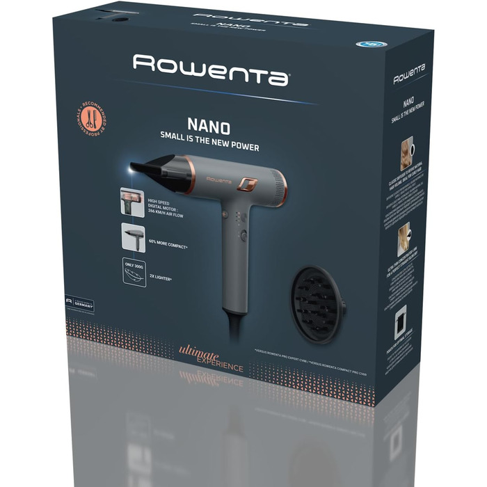 Фен для волосся Rowenta Maestria Nano, швидкий, іонічний та легкий, HY8120 Сірий/Рожеве золото