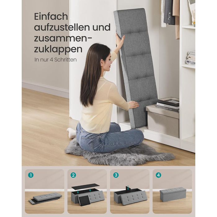 Пуф для зберігання SONGMICS, Складана лавка, Пуф для ніг 38 x 110 x 38 см, Коробка для зберігання, Вантажопідйомність до 300 кг, для вітальні, спальні, коридору, Попелясто-сірий LSF77G 110B см Попелясто-сірий