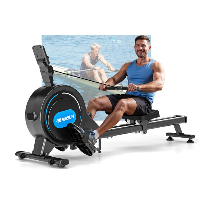 Домашній гребний тренажер DMASUN, новинка 2026 року Магнітний гребний тренажер з оновленими подвійними рейками, ультратихий гребний тренажер, 16/32 рівні опору, РК-дисплей даних, витримує до 160 кг, чорний - 16 рівнів