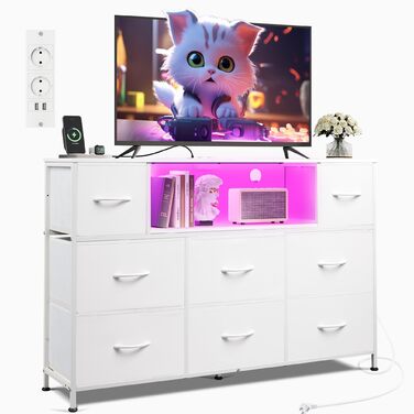 Комод WLIVE, 8 тканинних шухляд, комод з розетками, універсальний комод для спальні та вітальні, з міцним сталевим каркасом та дерев&39яною стільницею, 120 * 30 * 79 см (білий)