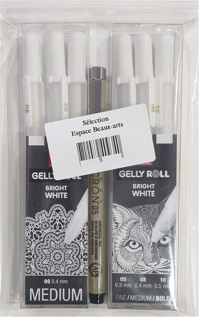 Ручки Bright White в чохлі, Mix-Size 05/08/10 3 шт. и Sakura Gelly Roll Basic, білий 08 ET Pigma Micron Black 05, 3