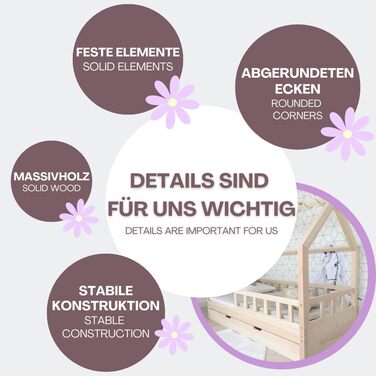 Ліжко-будиночок 90x160 із захистом від падіння, натуральне дерево - Bell Nuo - дитяче ліжко з ящиком для зберігання - дитяче ліжко з рейковою основою - міцне ліжко із захистом від падіння для дитячої кімнати