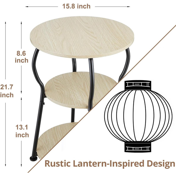 Круглий журнальний столик, 3-ярусний вінтажний журнальний столик, невеликий з міцним металевим каркасом, тумбочка біля ліжка, невеликий круглий диванний столик для вітальні, спальні, балкону, 40 x 40 x 55 см (дуб).