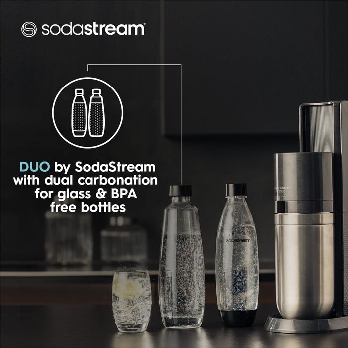 Машина для газованої води SodaStream Duo, з 1 літровою багаторазовою пластиковою пляшкою для води без BPA, скляним графином 1 л для карбонізації та газовим балоном CO2 об'ємом 60 літрів із швидким з'єднувачем, чорна чорна машина