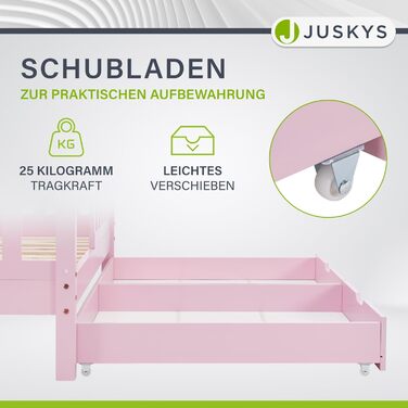 Дитяче ліжко Juskys Marli 80 x 160 см з матрацом, ящиком для ліжка, захисними поручнями, рейковою основою та дахом - Ліжко-будиночок з масиву дерева для дітей - Ліжко рожевого кольору