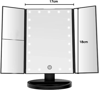 Дзеркало для макіяжу з підсвічуванням - косметичне дзеркало з сенсорним екраном з підсвічуванням для макіяжу - потрійне складання, збільшення 1 x 2 x 3 x, портативне дзеркало з підсвічуванням, 22 LED