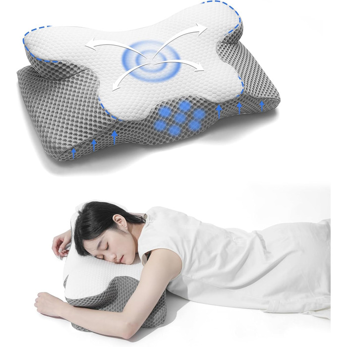 Подушка для шиї, подушка з піни з ефектом пам&39яті, ергономічна подушка, ортопедична подушка. Підходить для сну на боці, спині та животі. Полегшує біль у плечах та забезпечує полегшення. 60 * 34 * 13/10 см