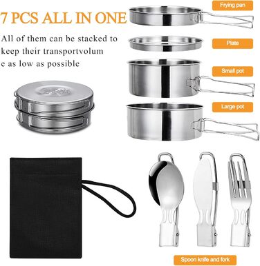 Набір посуду для кемпінгу, відкритий, 2-3 особи, горщик з нержавіючої сталі з посудом, каструля, складна кемпінгова посудина, тарілка для пікніка, походів, кемпінгу, походів, срібного кольору
