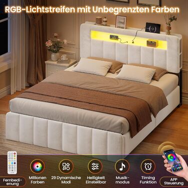 М&39яке ліжко 140x200 з місцем для зберігання, гідравлічне ліжко зі світлодіодним освітленням та зарядною станцією, дитяче ліжко, двоспальне ліжко, каркас ліжка з оксамитовим узголів&39ям - матрац не входить до комплекту (бежевий оксамит, 140x200 см) Беже